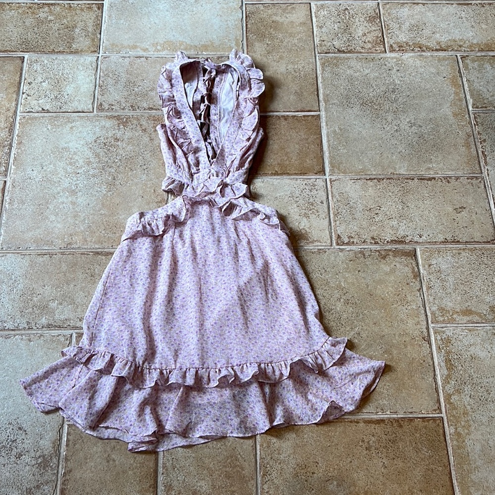 Sky to Moon Pink Floral Plunging V neckline Side Cut-Out Tie Back Minidress Sz L